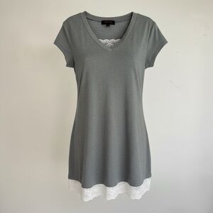 Gray V-Neck Tunic with White Lace Hem